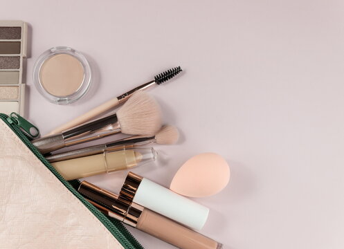 Decorative cosmetics: highlighter, concealer, powder ,brush, face sculpture . Make up,flat layot