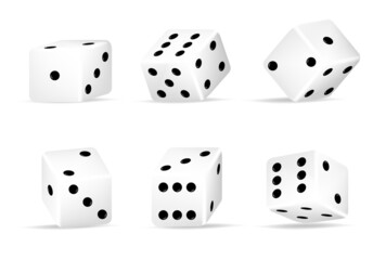 Realistic 3d rolling dice for casino gambling games set of casino craps, poker and tabletop board games Isolated white play dice cubes with black dots or pips in different positions, entertainment
