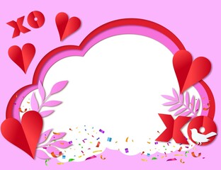 Valentine frame with hearts confetti and leaves xo