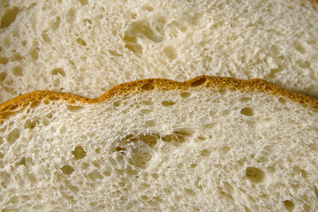 Texture of slice of freshly baked wheat bread, close up. Abstract background with bread.