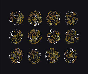 Celestial magic gold icon Social media highlight set - boho star and moon floral symbol