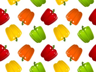 Realistic Detailed 3d Color Bell Peppers Seamless Pattern Background on a White. Vector illustration of Yellow, Orange, Green and Bell Red Pepper