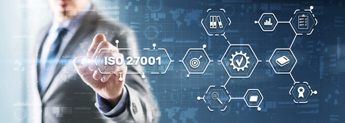 ISO 27001. International information security standard. Concept of ISO standards quality control...