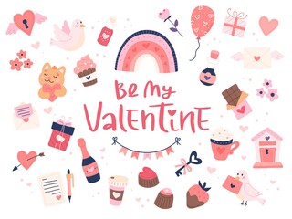 St. Valentine s Day collection of cute elements with lettering. Hearts and sweets. Isolated a white background. Hand drawn vector illustration
