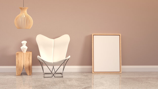 Picture frame mockup in room interior with chair, side table and empty wall