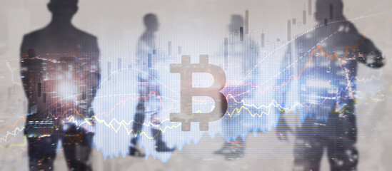 Bitcoin icon mixed media. Cryptocurrency concept with double exposure