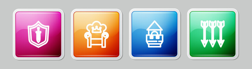 Set line Medieval shield with sword, throne, Castle tower and Crossed arrows. Colorful square button. Vector