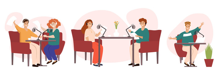 Live streaming, broadcast flat vector illustration. Male and female social media network bloggers collaboration. Online broadcast or recording of interviews. People collection of scenes
