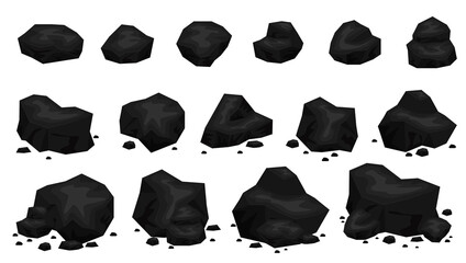 Cartoon mine coal pieces and piles. Charcoal lumps for fire, natural energy power production. Coal rocks vector set