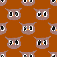 Owl pattern seamless in freehand style. Head animals on colorful background. Vector illustration for textile.