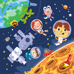 Children astronauts near space station and moon. Character in cartoon style for design. Vector illustrations, full color.