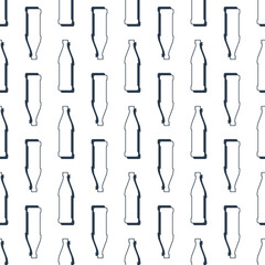 Beer bottles seamless pattern. Line art style. Outline image. Black and white repeat template. Party drinks concept. Illustration on white background. Flat design style for any purposes