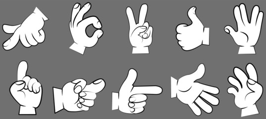 Fototapeta premium Hands set. Gestures with fingers pointing, attention. Gesture palm, pointing hand, communication language, pose and gesturing. Human hand expresses signals, actions and emotions, signs and impressions