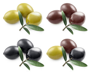 Green, brown and black olives collection, isolated on white background