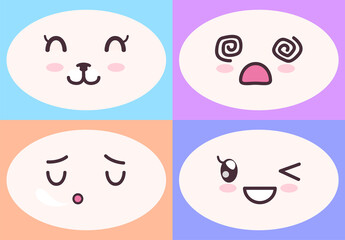 Kawaii cute faces on colorful backgrounds set. Manga style eyes and mouths. Funny cartoon japanese emotion in different face expressions. Anime characters and emotions. Eastern kawaii culture design