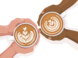 Woman and man hands holding coffee cup with latte art. Cappuccino crema of heart shape. Top view of table in cafe. Flat cartoon illustration. Valentines day concept.