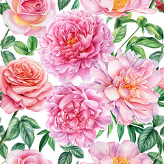 Flowers peony, rose. Watercolor illustration, botanical Seamless pattern