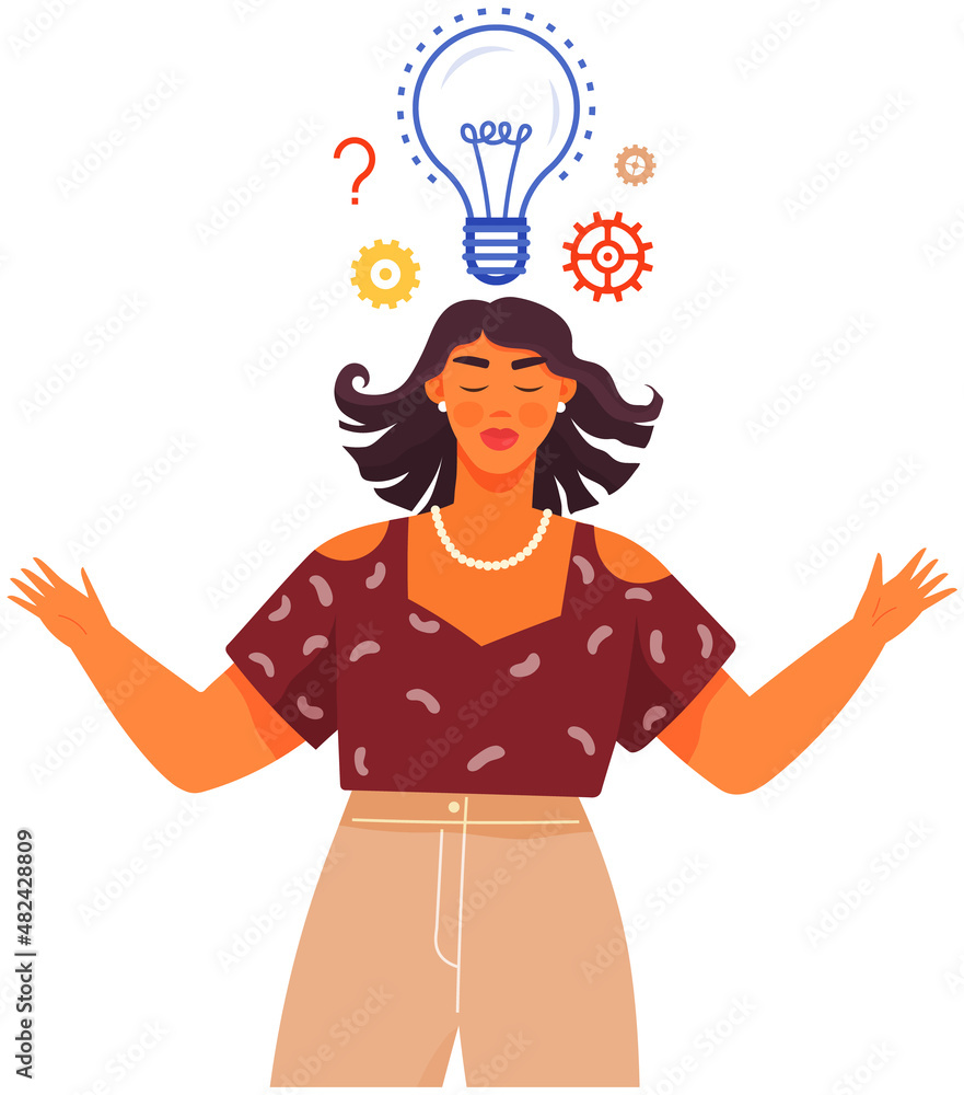 Poster dealing with poblem and finding solution concept. woman plans strategy, solves issues. violent brain