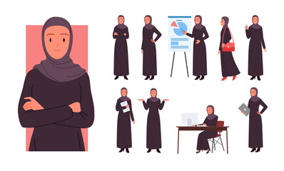 Saudi female office worker character poses set vector illustration. Cartoon young arab woman in muslim robe and hijab standing at presentation board, employee working with computer isolated on white