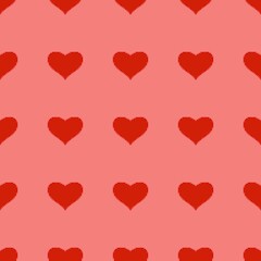 Red heart seamless pattern in pixel art style. pink background. 8 bit wallpaper. Valentine's Day backdrop.