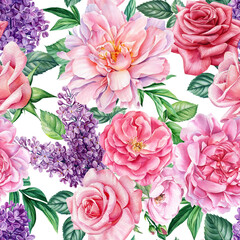Flowers peony, rose, lilac. Watercolor botanical painting, Floral illustration, Seamless pattern