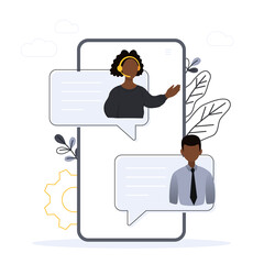Customer support. Personal assistant service. Social media network services, online supporter agents. Isolated flat vector illustration with african woman.