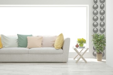 White living room with sofa. Scandinavian interior design. 3D illustration