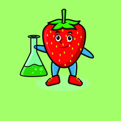 Cute cartoon mascot character strawberry as scientist with chemical reaction glass in cute modern style design for t-shirt, sticker, logo element