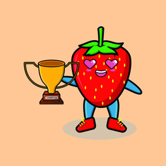 Cute Cartoon character illustration of strawberry is holding up the golden trophy with happy gesture, cute modern style design for t-shirt, sticker, logo element