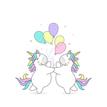 Vector illustration of a two cute unicorn with balloons.