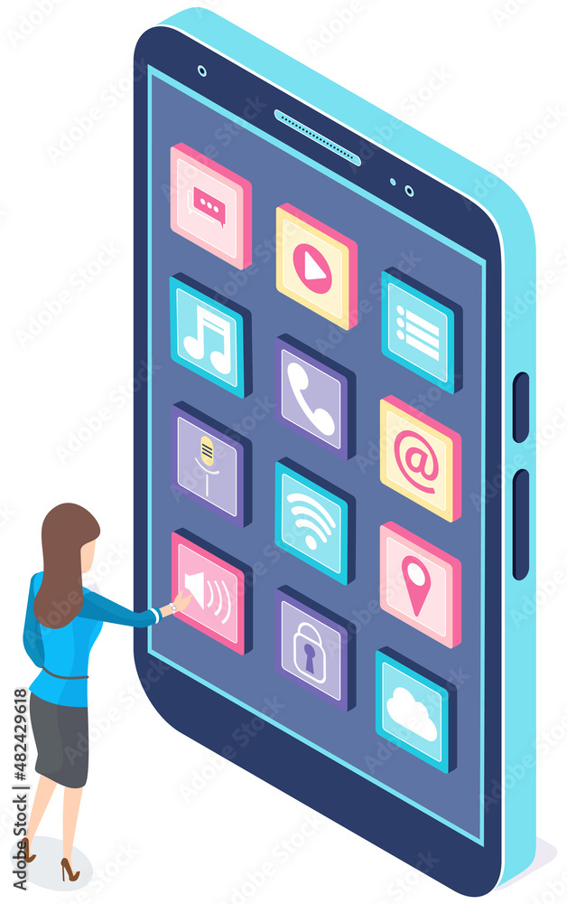Aufkleber development of mobile application, program for smartphone concept. woman standing near phone with ap