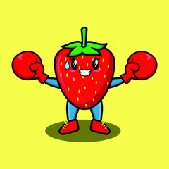 Cute Strawberry mascot cartoon playing sport with boxing gloves and cute stylish design for t-shirt, sticker, logo elements