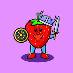 Cute cartoon character Strawberry viking pirate with hat and holding sword and shield in cute modern style design for t-shirt, sticker, logo element, poster