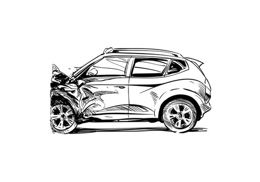 Car crash hand drawn illustration. Auto accident sketch, vector design