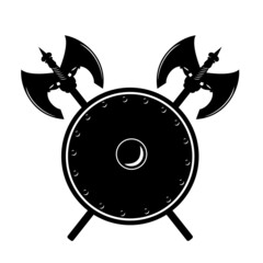 two crossed medieval battle axes and round shield - fairy tale warrior black and white vector design