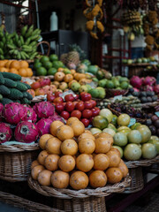 Farmers' markets full of colorful tropical fruits, vegetables and spices in Funchal on the island of Madeira, Mercado dos Lavradores