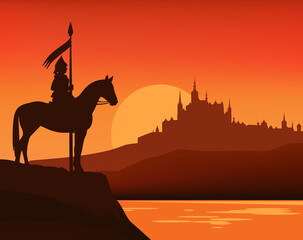 fantasy scene with sunset sky, lake shore, knight guard and medieval castle silhouette - fairy tale vector copy space background
