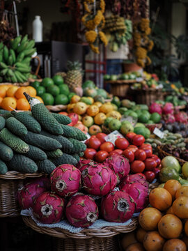 Farmers' markets full of colorful tropical fruits, vegetables and spices in Funchal on the island of Madeira, Mercado dos Lavradores