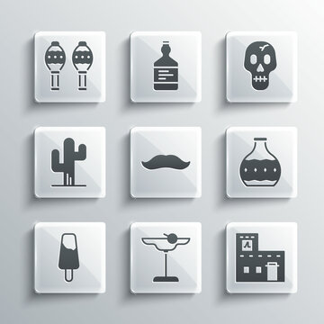 Set Margarita cocktail, Mexican house, Tequila bottle, Mustache, Popsicle ice cream, Cactus, Maracas and Skull icon. Vector
