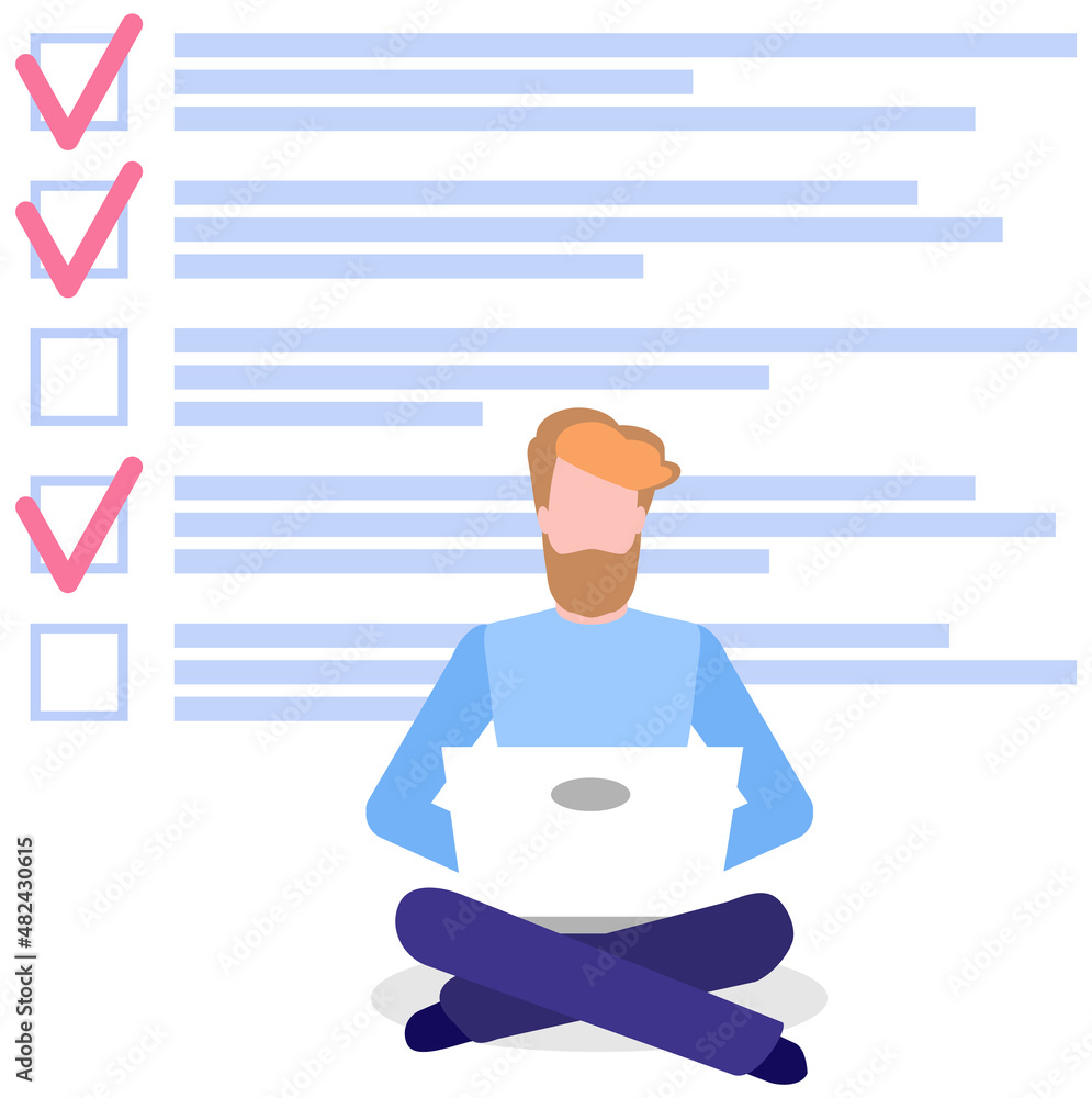 Aufkleber man sitting with laptop near big paper clipboard with check marks, to do list. successful time manag