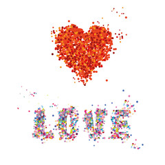 colorful word love with paper confetti