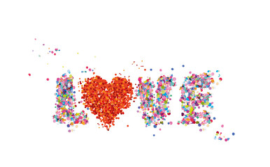 colorful word love with paper confetti