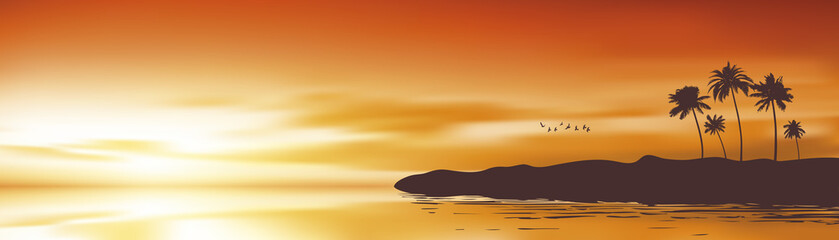 Horizontal vector background with palm trees at sunset on the beach © kora_ra_123
