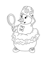 Snowman ballerina in ballet tutu and pointe shoes holds a mirror in her hand. Outline on a white background cartoon hand drawn illustration