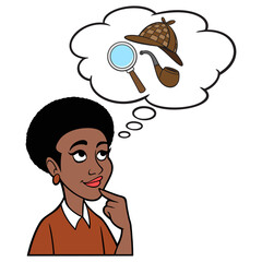 Black Woman thinking about Detective Work - A cartoon illustration of a Black Woman thinking about doing some Detective Work.