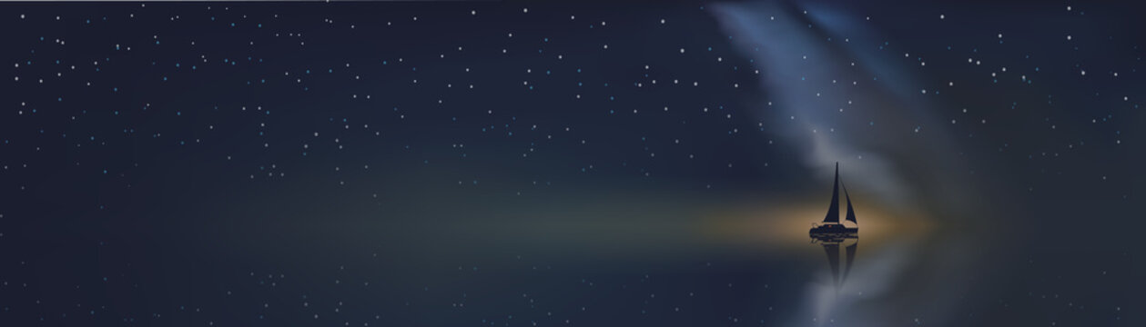 Ocean and yacht at night illustration or header for web page, blog