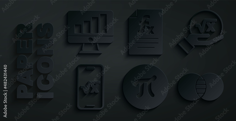 Poster set pi symbol, square root of x glyph, mathematics sets a and b, function mathematical and computer 