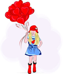 hand drawn beautiful, cute, little Princess girl. Vector illustration.  smiling trendy girl with red heart balloons. valentine's day illustration. Baby girl in red hat