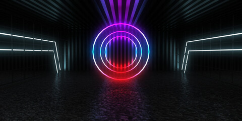 3D abstract background with neon lights. neon tunnel  .space construction . .3d illustration