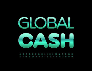 Vector business concept Global Cash. Green elegant Font. Metallic Alphabet Letters and Numbers set